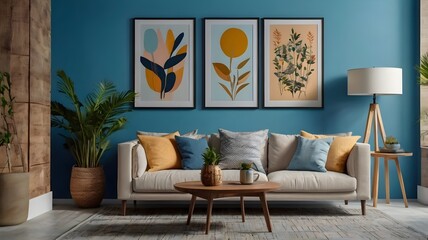 Interior desgin of modern living room interior with mock up poster frame, colorful decorations and accessories, plants, sofa, coffee table. Blue wall. Home decor. Template.,