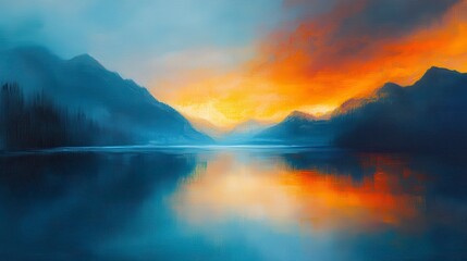 Obraz premium Serene Sunset over Misty Mountains and Calm Lake