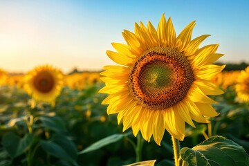 Fototapeta premium Vibrant sunflower in full bloom under a clear blue sky.
