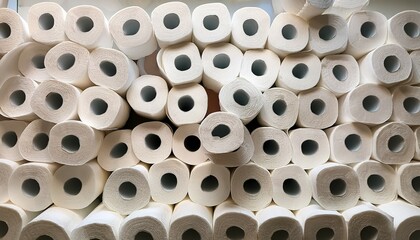 tightly stacked multiple rolls of white toilet paper
