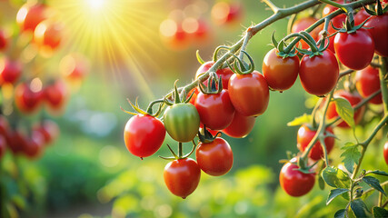 Fototapeta premium Ripe cherry tomatoes on vine in garden