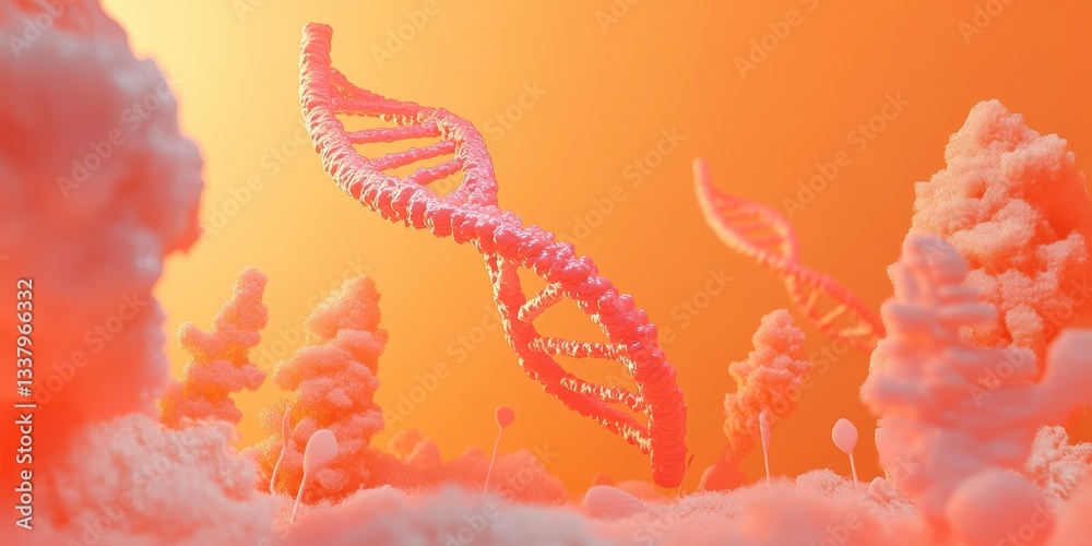 Poster abstract 3d rendering of a dna helix in an orange and pink cloud landscape