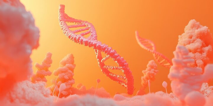 Abstract 3D Rendering of a DNA Helix in an Orange and Pink Cloud Landscape