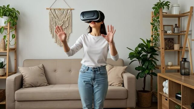 Woman wearing vr headset standing in living room with plants and macrame on the wall indoors