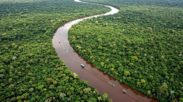 Aerial view of amazon river winding through dense rainforest with boats navigating the waterway