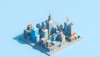 Fototapeta premium Isometric Cityscape Illustration: Modern Buildings, Blue Sky