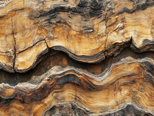 Close Up Detailed View of Brown and Dark Weathered Wood Texture with Wave Pattern