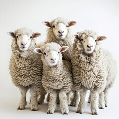 Fototapeta premium A group of fluffy sheep standing together, soft even lighting, full-body shot, white backdrop. 
