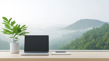 Fototapeta premium Tranquil Workspace with Laptop and Serene Nature Background
