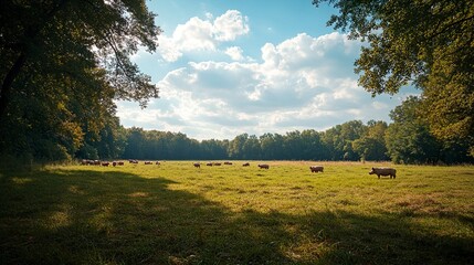 Fototapeta premium A group of happy pigs munching on fresh grass in a sunlit meadow, the open space and natural setting highlighting ethical organic farming, wide-angle telephoto shot 