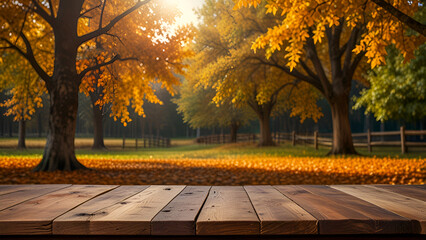 Sensitive focus on wooden floor against autumn backdrop.