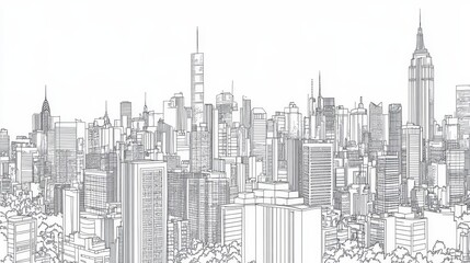 Monochromatic Line Drawing of a Modern City Skyline