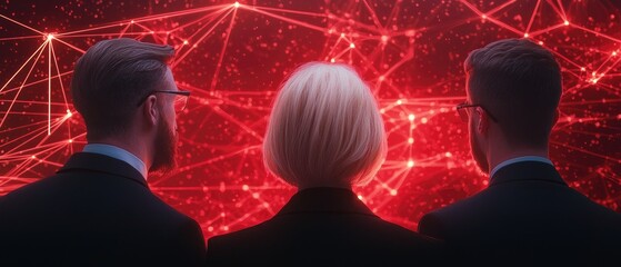 A futuristic scene featuring three individuals observing a network of red digital connections, representing technology and analytics.