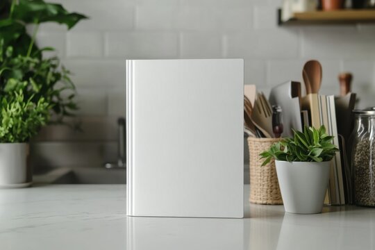 Culinary Canvas: A blank book stands prominently on a countertop, surrounded by cooking utensils and potted plants, inviting creative recipes and culinary exploration. 