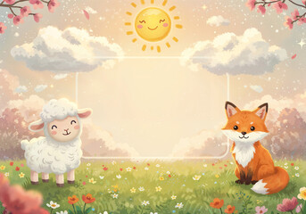Naklejka premium funny kids background with cute animals in fantasy style, mockup with space for text . Generative AI