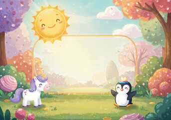 funny kids background with cute animals in fantasy style, mockup with space for text . Generative AI