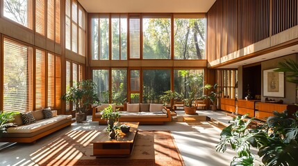 Fototapeta premium A high-ceiling living room with vertical wooden slats extending from floor to ceiling, creating a dramatic and modern architectural feature, paired with large windows and natural light. --ar 16:9