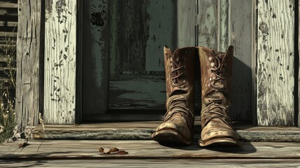 An old pair of hiking boots with mud stains, placed on rocky terrain. 