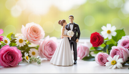 Bride and groom figurine celebrating love surrounded by flowers  