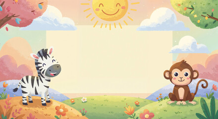 Naklejka premium funny kids background with cute animals in fantasy style, mockup with space for text . Generative AI