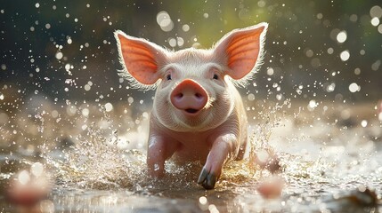 A happy pig splashes in a small water puddle in the play yard, droplets flying in all directions as it enjoys the warm day 