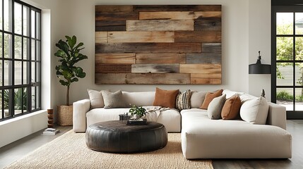 A large-scale reclaimed wood collage featuring unevenly textured planks in warm earthy tones, creating a natural and organic centerpiece for a modern rustic living room. --ar 16:9