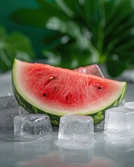 Refreshing summer snack watermelon slice on ice kitchen table food photography indoor close-up hydration