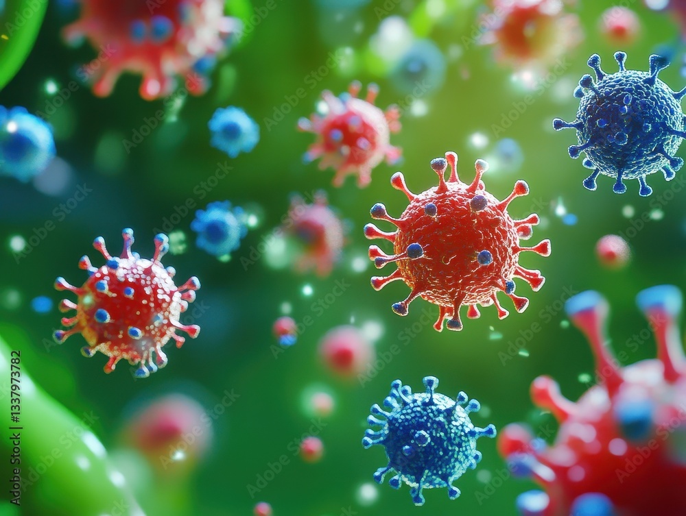 Aufkleber Microscopic Viruses in Green Background 3D Rendering