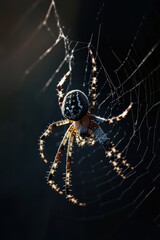 Close-up of a spider on its intricate web in soft lighting.