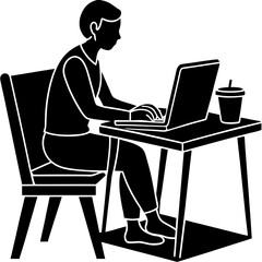 Silhouette of a person sitting and working on a laptop, with a coffee cup placed beside them on the table