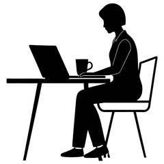 Silhouette of a person sitting and working on a laptop, with a coffee cup placed beside them on the table