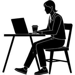 Silhouette of a person sitting and working on a laptop, with a coffee cup placed beside them on the table