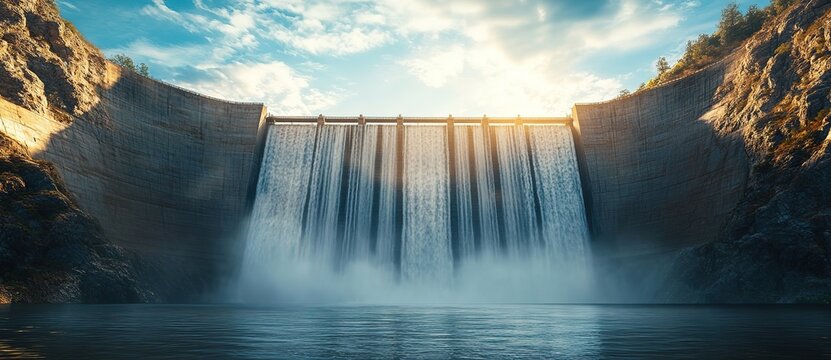 The dam releases a surge of water, forming a spectacular waterfall image, used for teaching and conceptualizing water conservancy engineering and energy.