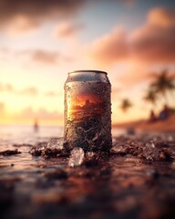 Breathtaking sunset reflected in a chilled can beachfront photography tropical paradise close-up refreshing vibes