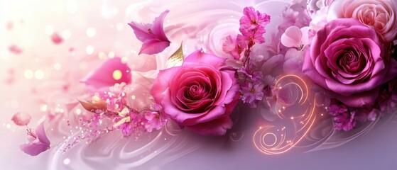 Pink and Purple Roses with Butterflies and Petals Soft Focus Floral Background
