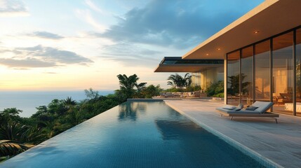 Fototapeta premium Stunning luxury villa with infinity pool overlooking ocean views at sunset
