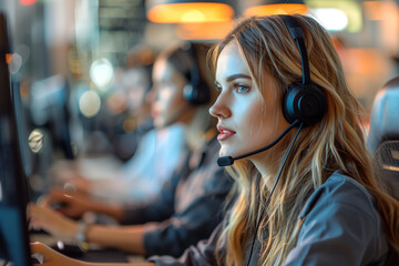 Naklejka premium Pensive female helpdesk service agent working on computer at call center. Call center, young woman and smile . Customer service consultant.
