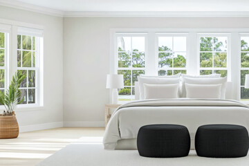 Modern bedroom with natural light and minimalistic decor in a cozy setting