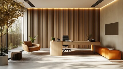 A modern office space with a vertical wooden slat accent wall in light birch, providing a clean and calming backdrop, paired with minimalist furniture and natural sunlight filtering through.