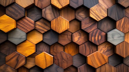 A modular abstract wooden art display with hexagonal pieces stained in a spectrum of light to dark wood tones, arranged to form a visually striking pattern, perfect for a creative studio space.