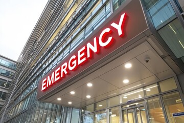 Hospital exterior with brick wall and metal beams with large red "EMERGENCY" sign