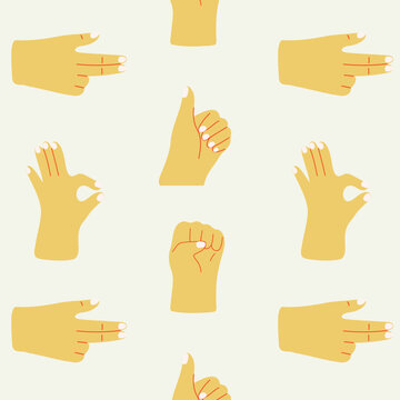 Hands Gestures and Poses Seamless Pattern. First, Okay, thumbs up