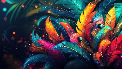 Vibrant Colorful Glitter Feathers on Dark Background