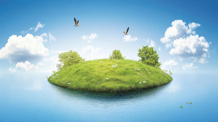 serene island with lush greenery, water, and birds flying above