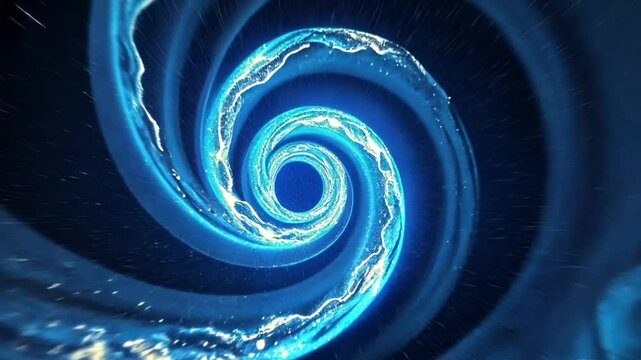 A stunning blue swirling vortex resembling a space-time wormhole in deep space.