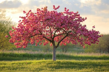 Fototapeta premium Vibrant Crabapple Blooms in Minnesota: A Stunning Spring Landscape with Sunlight, Grass, and a Clear Sky