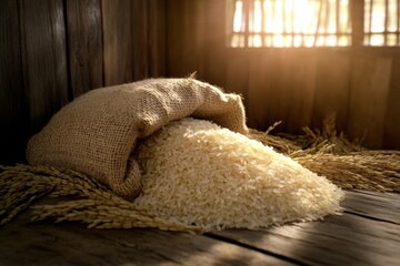 Rice grains scattered over a burlap sack