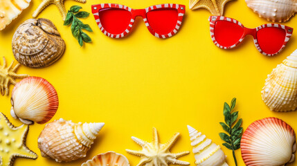 Obraz premium Bright summer sunglasses surrounded by seashells on yellow background