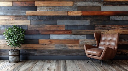 A reclaimed wood collage featuring horizontal and vertical planks in a mix of dark walnut, weathered oak, and faded gray finishes, creating a striking feature wall in a contemporary loft. --ar 16:9