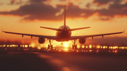 Airplane landing at sunset on runway with glowing lights and dramatic sky for travel and aviation concept
